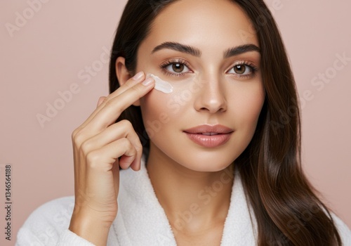A gorgeous brunette applies moisturizing cream under her eye for her daily skincare routine.