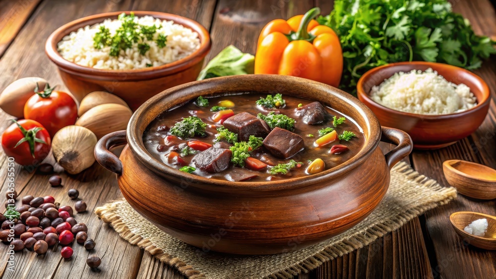 Hearty Brazilian feijoada stew served in a large clay pot with steaming hot rice and fresh vegetables , comfort food Hearty Brazilian feijoada stew served in a large clay pot with steaming hot rice and fresh vegetables , comfort food