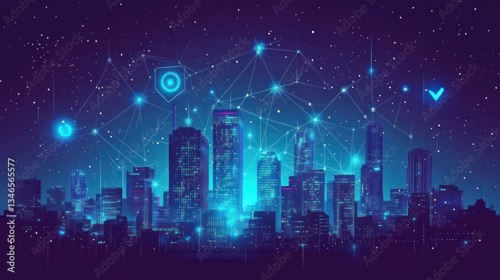 Fototapeta premium Futuristic city skyline at night with interconnected network. Stock photo for technology, security, and urban concepts