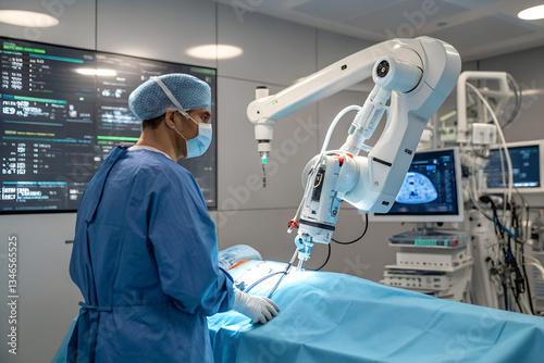 One Surgeon Observing High-Precision Programmable Automated Robot Arms Operating Patient In Futuristic Hospital. Robotic Limbs Performing Advanced Nano-surgery.