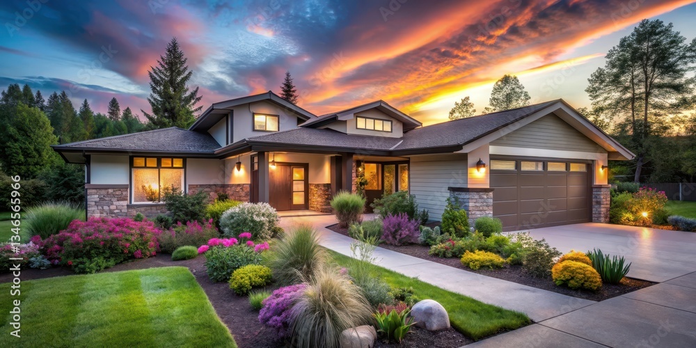 Obraz premium A modern ranch style home surrounded by lush greenery and vibrant flowers under the warm glow of twilight lighting, House exterior, Ranch house