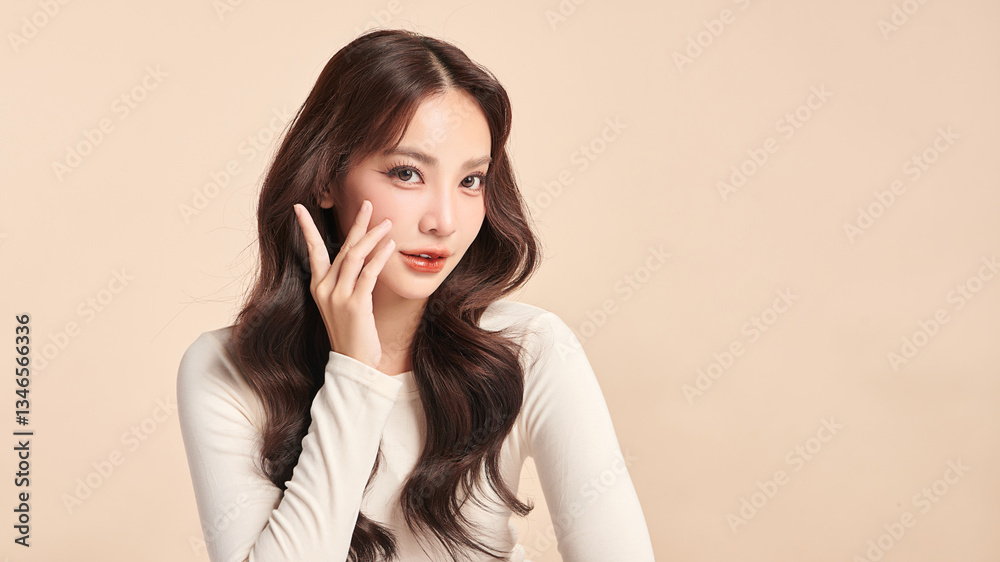 Fototapeta premium A beautiful young Asian woman with clean, fresh skin against a beige background. Skincare, facial treatment, cosmetology, beauty, and spa. An elegant portrait of an Asian woman.