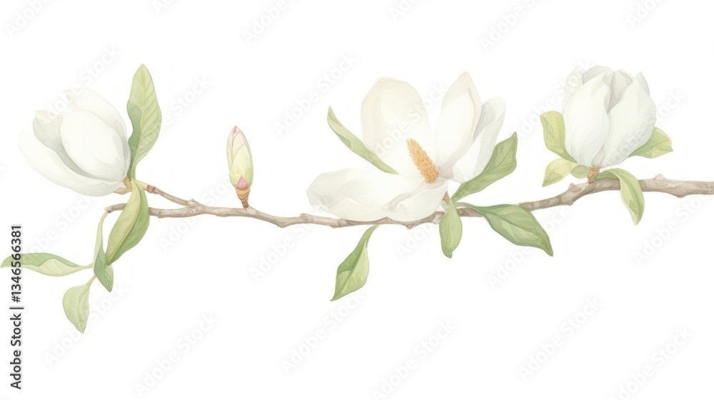 Fototapeta premium Magnolia as divider watercolor blossom flower orchid.