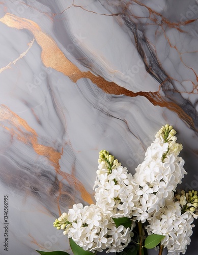 Top view of white Lilac flowers on gray marble with bronze veins background with copy space. Generated image