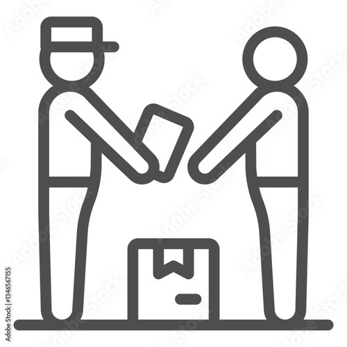 Postman with recipient box line icon, postage delivery concept. Vector graphics. Courier man with client package sign on white background, outline style icon for mobile or web design.