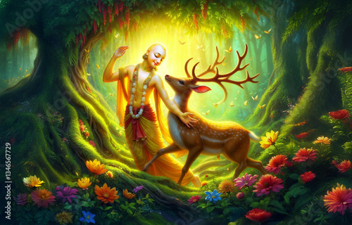 lord krishna as lord chaitanya playing with deer in forest