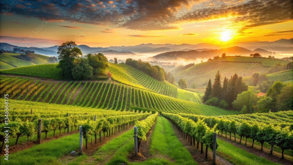 Fototapeta premium A serene vineyard at sunrise with rolling hills and lush greenery