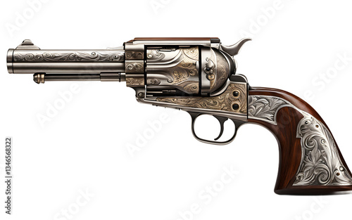 Old West cowboy revolver with engraved metal details isolated on a empty plain background
