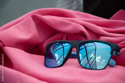 Bright scene with sunglasses and sky reflection on pink towel. Close up. Summer.