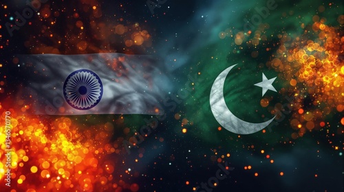 Artistic representation of India and Pakistan flags side by side, surrounded by glowing bokeh effects