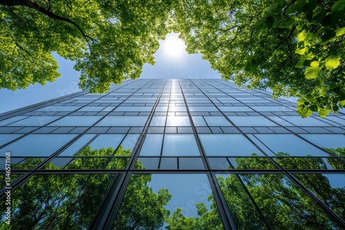 Modern glass skyscraper reflected in lush green trees. Illustrates eco-friendly architecture and sustainable business practices.