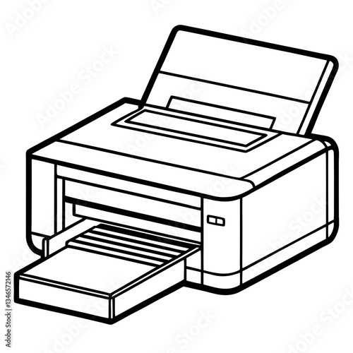 Illustration of a printer on a white background with various office and business technology equipment
