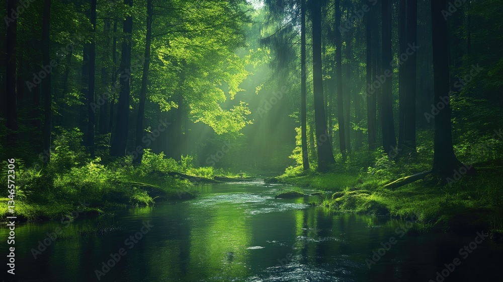 Fototapeta premium Sunlit forest stream. Lush greenery, tranquil water reflecting trees. Sunlight filters through canopy