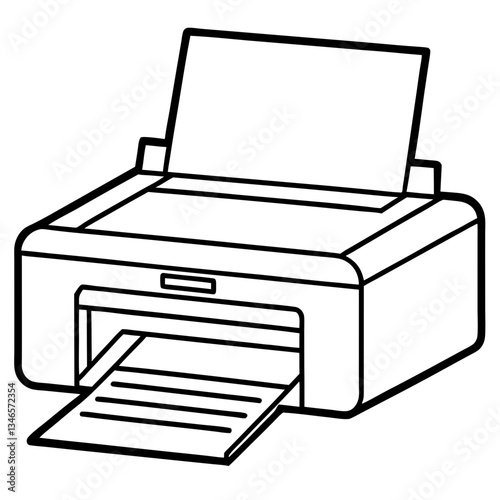 Illustration of a printer on a white background with various office and business technology equipment