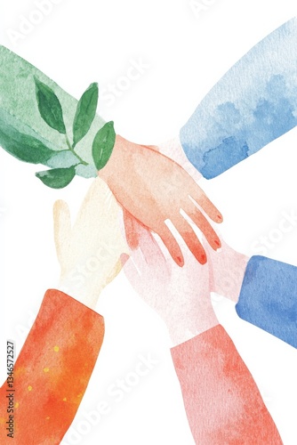 This watercolor illustration depicts diverse hands coming together to symbolize unity and growth. Perfect for themes of collaboration and community support.