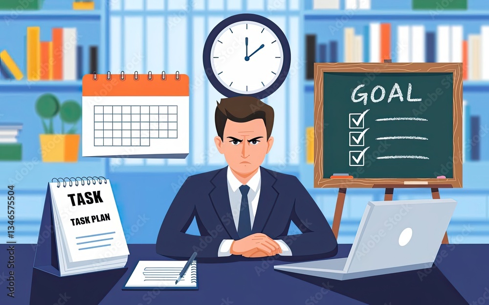Fototapeta premium Focused Businessman: A determined businessman sits at his desk, surrounded by tools of productivity, including a calendar, clock, goals, tasks, laptop and books.