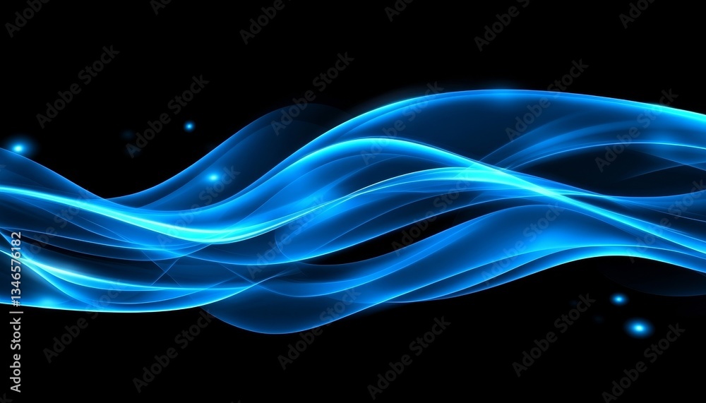 Obraz premium Abstract Blue Wavy Lines, Light Energy Flowing on Black Background With Sparkling Particles