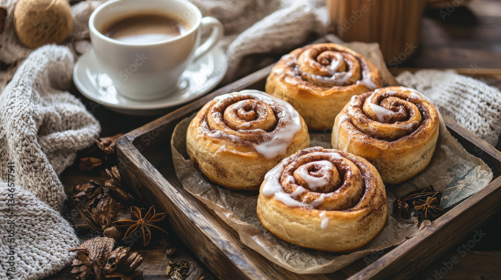 Warm cinnamon rolls with gooey icing, soft dough, and a hint of spice, freshly baked and served on a rustic tray with a cozy morning coffee scene Warm cinnamon rolls with gooey icing, soft dough, and a hint of spice, freshly baked and served on a rustic tray with a cozy morning coffee scene