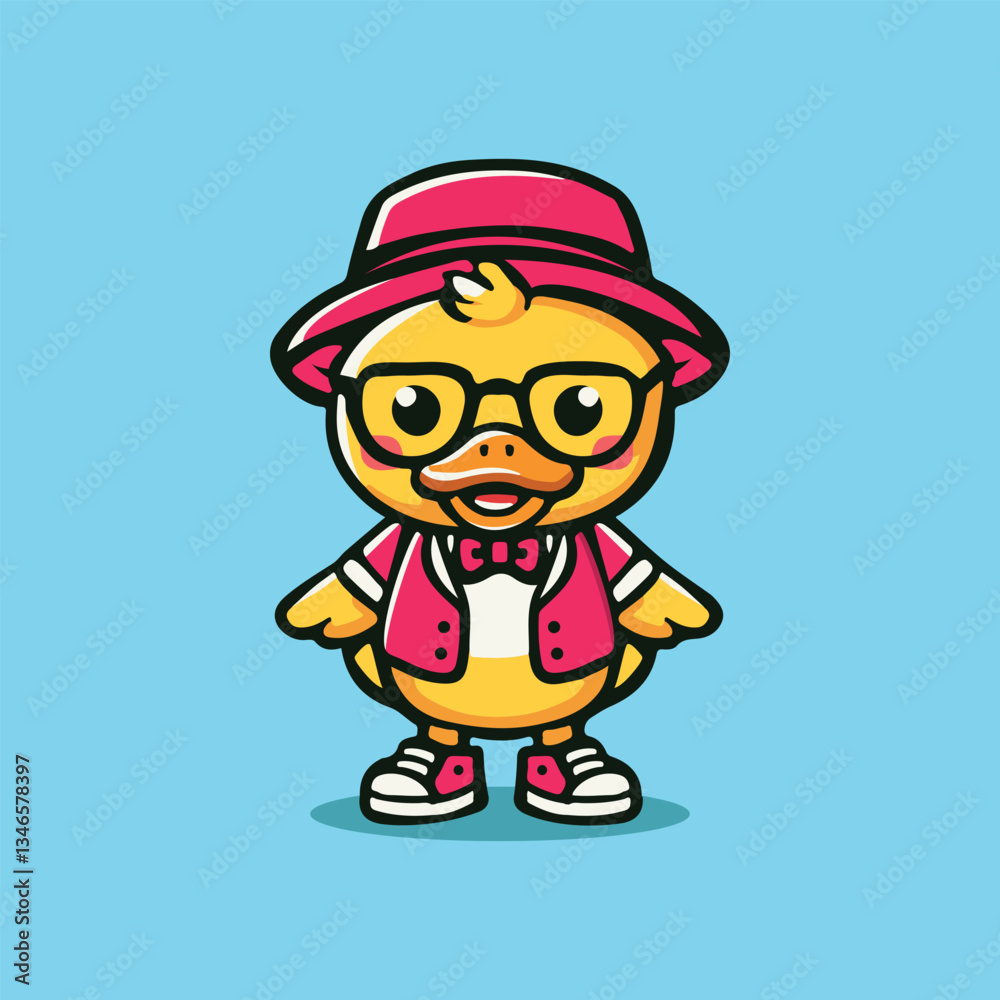 A hand-drawn vector illustration of a cute duck wearing glasses, a pink hat, vest, and bow tie. Perfect for kids' designs, stickers, and branding. Not AI-generated.