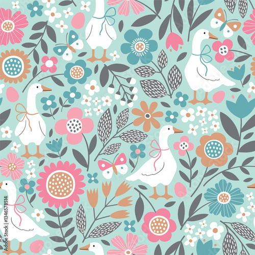 Seamless vector pattern with white goose on floral background. Hand drawn cute Easter goose pattern with tiny flowers. Perfect for textile, wallpaper or nursery print design. EPS 10 vector file.