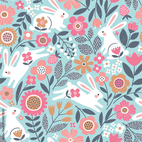 Seamless vector pattern with cute white rabbits on floral background. Hand drawn Easter bunny pattern with tiny flowers. EPS 10 vector file. Perfect for textile, wallpaper or nursery print design. EPS