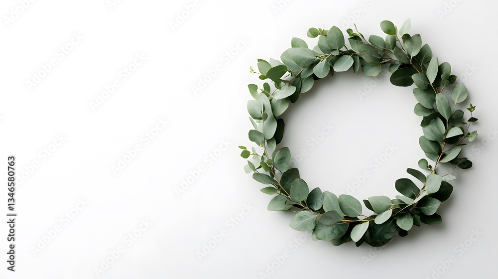 Obraz premium Fresh eucalyptus wreath, eucalyptus leaves, simple, minimalist, card, white backdrop
