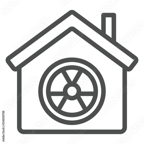 House with radiation seal line icon, atomic energy concept. Vector graphics. Cottage building and radioactivity danger sign on white background, outline style icon for mobile or web design.