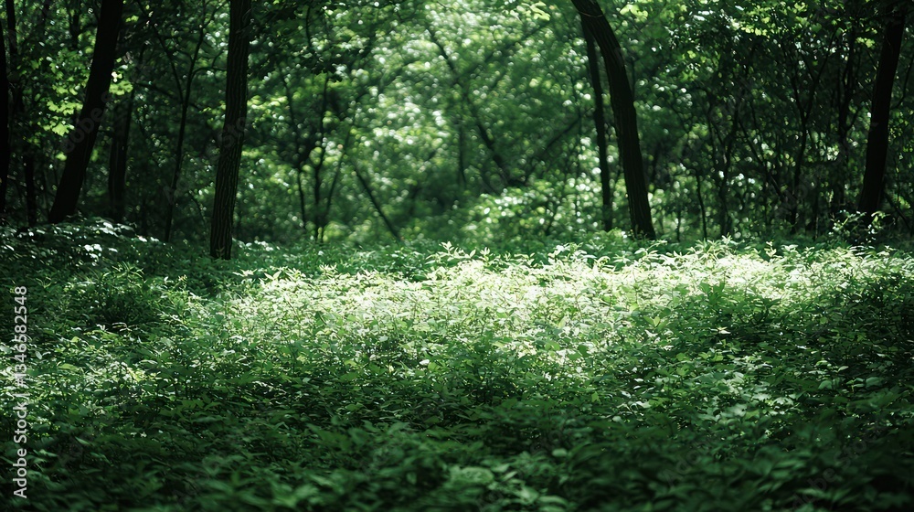 Fototapeta premium Lush forest floor bathed in sunlight