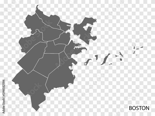 High Quality map of Boston is a city of USA, with borders of districts. Map of Boston for your web site design, app, UI. United States. EPS10.
