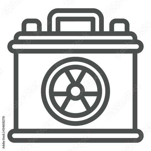 Electric accumulator with radioactivity seal line icon, atomic energy concept. Vector graphics. Battery container, radiation sign on white background, outline style icon for mobile or web.