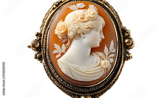 Victorian cameo brooch with carved relief portrait isolated on a empty plain background
