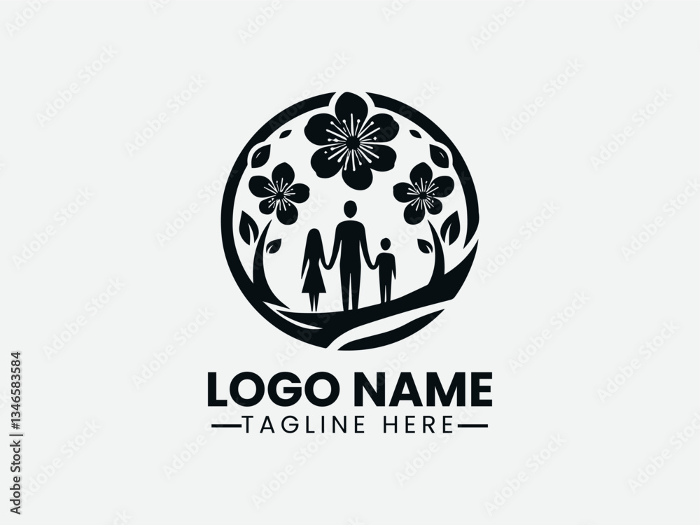 Obraz premium Peach Blossom Life Cycle Family Logo Design, Family Silhouette Peach Flower