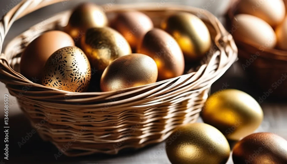 Rustic golden easter eggs in a wicker basket. Close up. Rustic golden easter eggs in a wicker basket. Close up.
