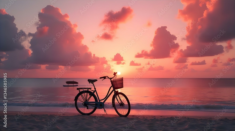 Obraz premium Stunning Sunset Beach Bicycle Pink Clouds