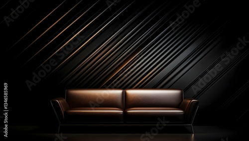 Photorealistic, simple leather sofa in front of a black wall with diagonal lines, modern interior design, a dark brown color palette, soft lighting from the right side, minimalist furniture, a sleek a
