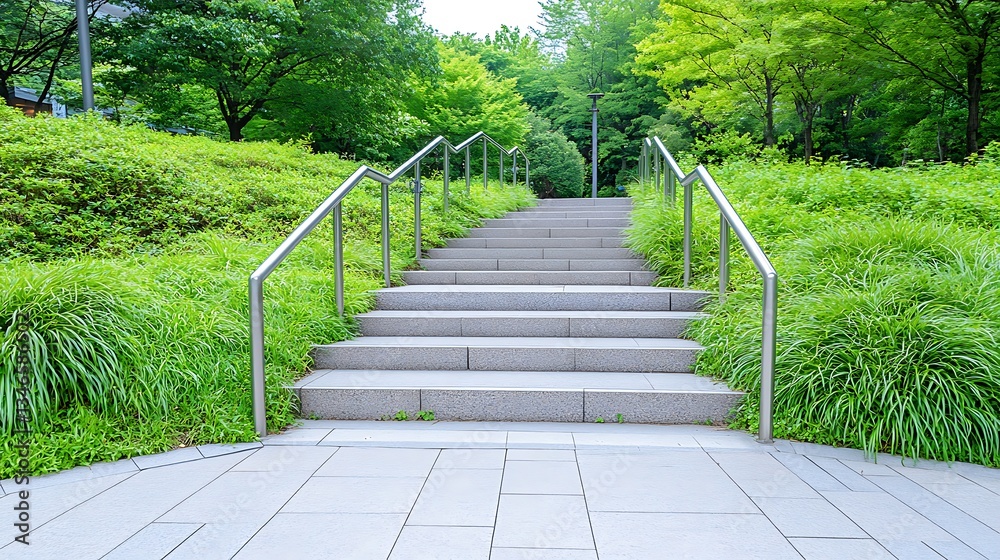 Serene Stone Steps in Lush Green Park Landscape with Modern Railings Serene Stone Steps in Lush Green Park Landscape with Modern Railings