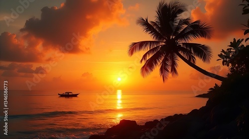 Golden Hour Beach Sunset Palm Tree Silhouette Boat Tropical Ocean