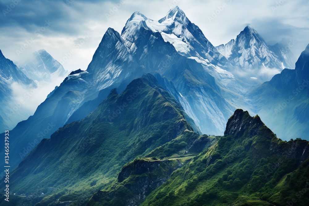 Mist-cloaked mountains at dawn radiate tranquility, with rugged peaks bathed in soft light, evoking serenity and awe Mist-cloaked mountains at dawn radiate tranquility, with rugged peaks bathed in soft light, evoking serenity and awe