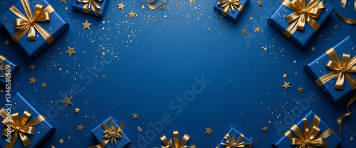 Generative AI illustration of blue gifts with golden bows and ribbons placed on blue background near stars