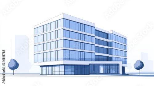 Modern office building, city background, architectural design, illustration