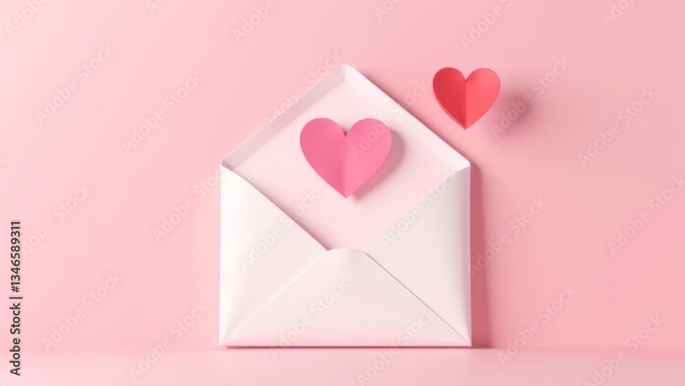 White open postal envelope with flying paper pink airplane and hearts on light pink background. Love letter. Postcard White open postal envelope with flying paper pink airplane and hearts on light pink background. Love letter. Postcard