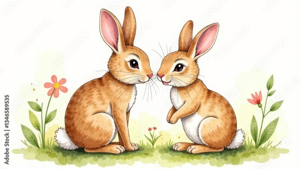 Obraz premium Watercolor Easter Illustration Mom and Baby Rabbit