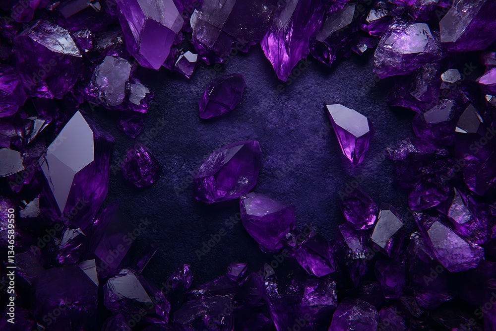Fototapeta premium Mystical Amethyst Gems Illuminating a Dark Backdrop, Symbolizing Luxury and Spirituality