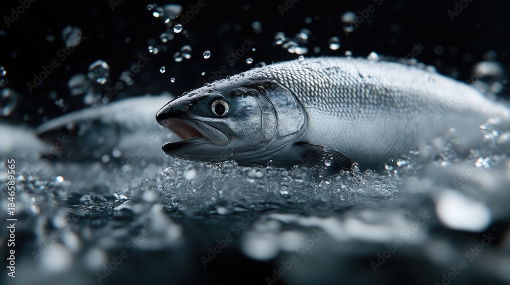 Fresh salmon, splashing in ice