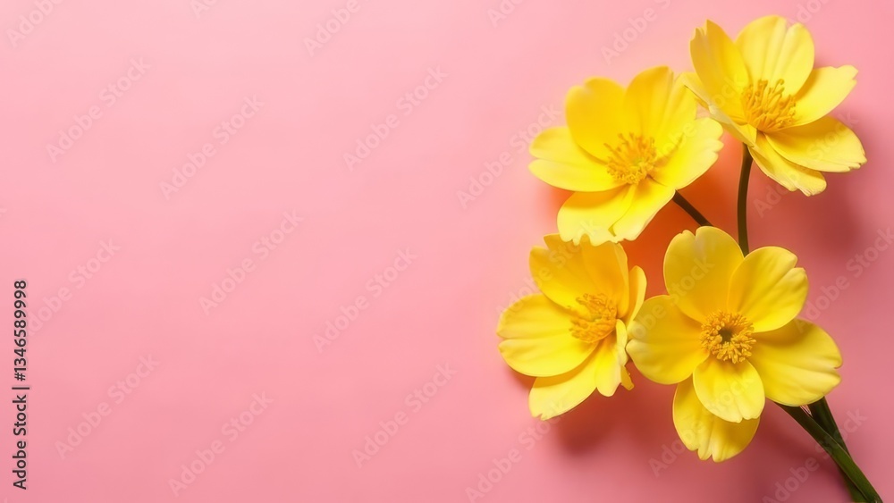 Fototapeta premium mockup postcard with beautiful yellow mimosa flowers on pink background