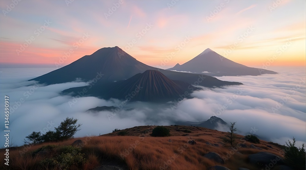 Fototapeta premium Majestic Sunrise Over Mount Bromo Semeru Batok Volcanoes Indonesia Panoramic Landscape