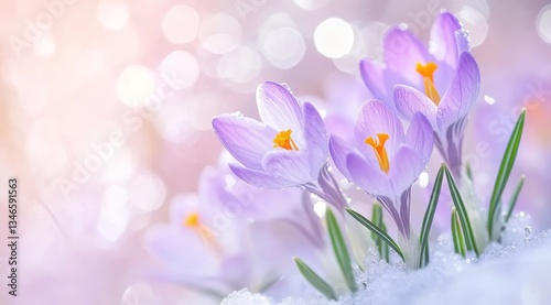 Purple Crocus Flowers Blooming in Alpine Meadow at Sunrise with Soft Pastel Mountain Background.