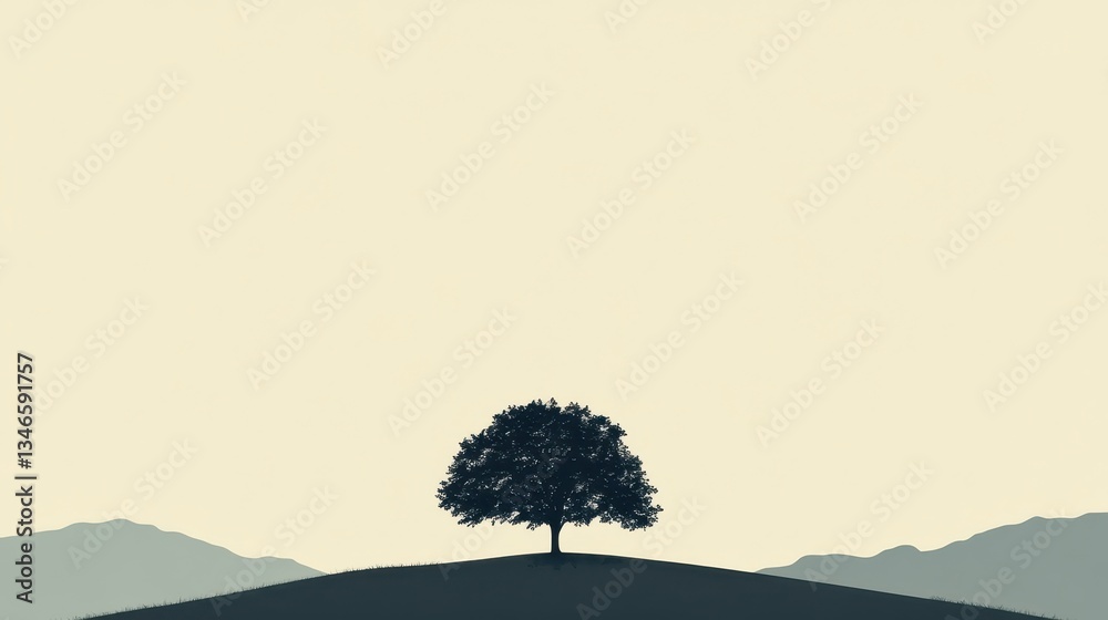 Obraz premium Lone Tree on Hill with Minimalist Landscape, and Nature.