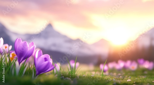 Purple Crocus Flowers Blooming in Alpine Meadow at Sunrise with Soft Pastel Mountain Background.