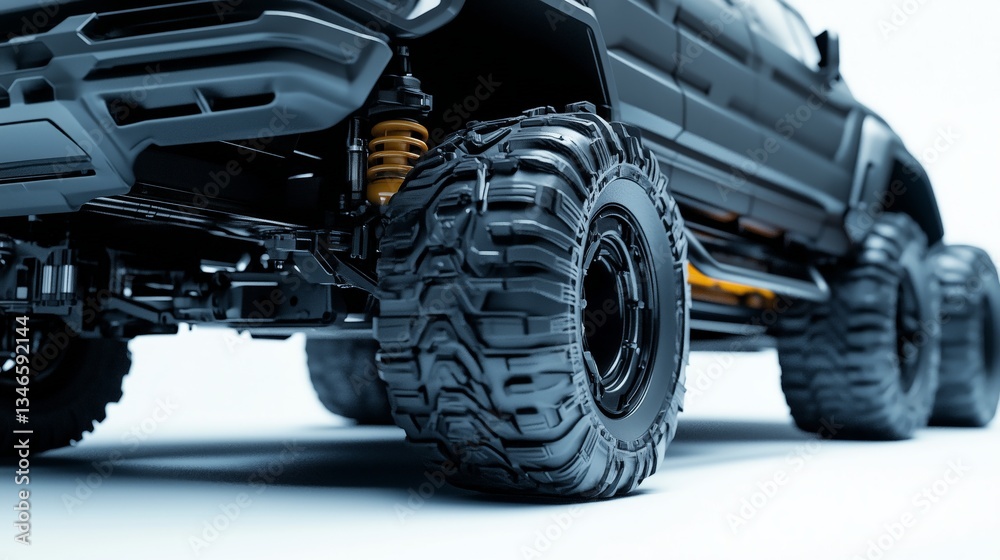 Electric SUV undercarriage view showcasing robust suspension and tires. AI generated Electric SUV undercarriage view showcasing robust suspension and tires. AI generated